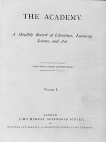 Titlepage of the Academy, volume 1 (1869-70).  Reproduced by kind permission of Leeds University Library.