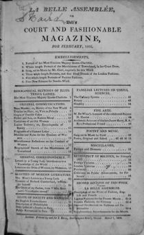 Contents page of La Belle Assemblee, number 1 (February 1806).  Reproduced by kind permission of Leeds University Library.