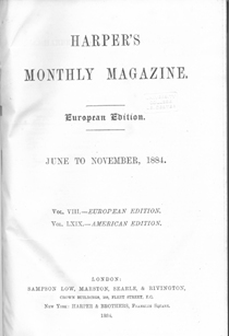 Titlepage of Harper's New Monthly Magazine (European Edition), volume 8 (1884).  Reproduced by kind permission of Leicester University Library.