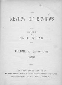 Titlepage of Review of Reviews, volume 5 (1892).  Reproduced by kind permission of Leicester University Library.